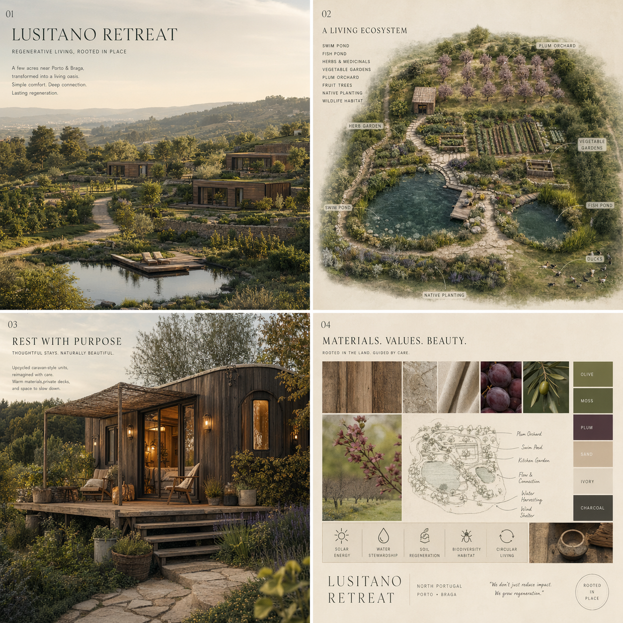 Concept board showing landscape, ecosystem, accommodation, and brand material direction for Lusitano Retreat
