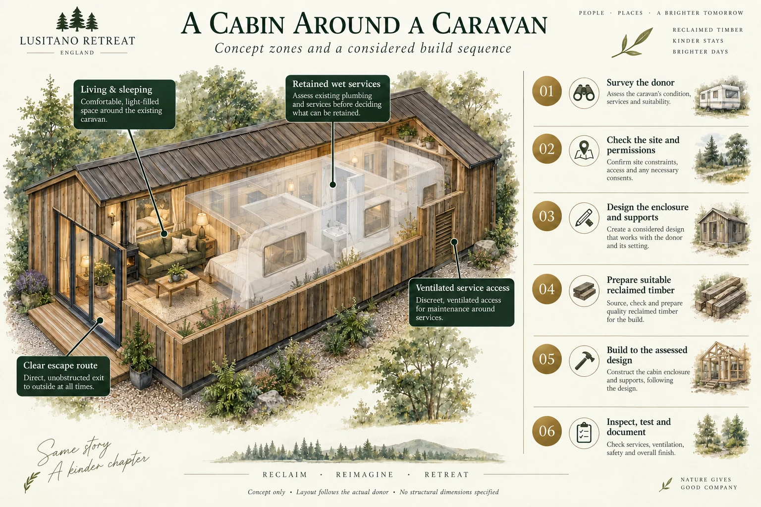 Conceptual cabin zoning and staged reuse process, showing living, sleeping, retained wet services and accessible ventilated enclosure zones; not a dimensioned construction plan.