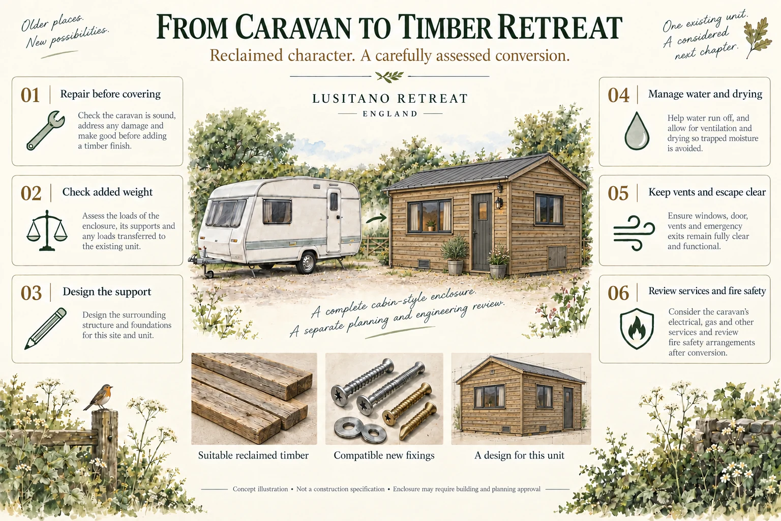 Concept before-and-after illustration: an old caravan is concealed inside a rectangular timber cabin enclosure, including the front and a ventilated base, with six engineering questions.