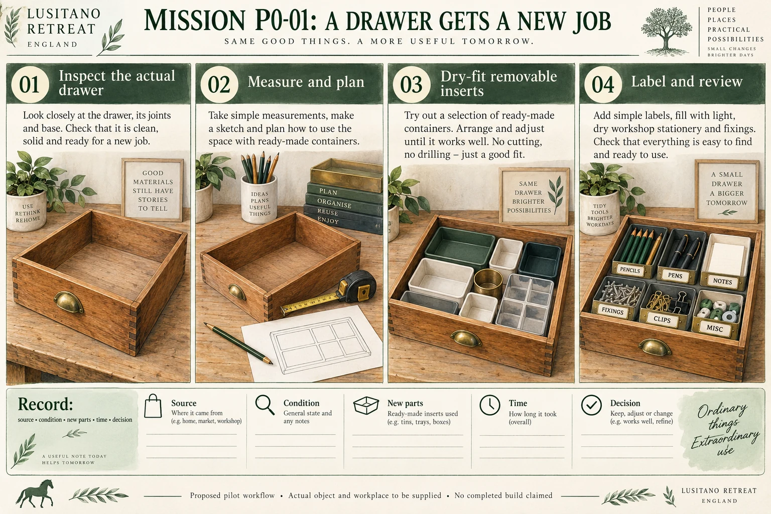 Four illustrated concept stages: inspect a drawer, measure its layout, dry-fit removable containers, then label and review.