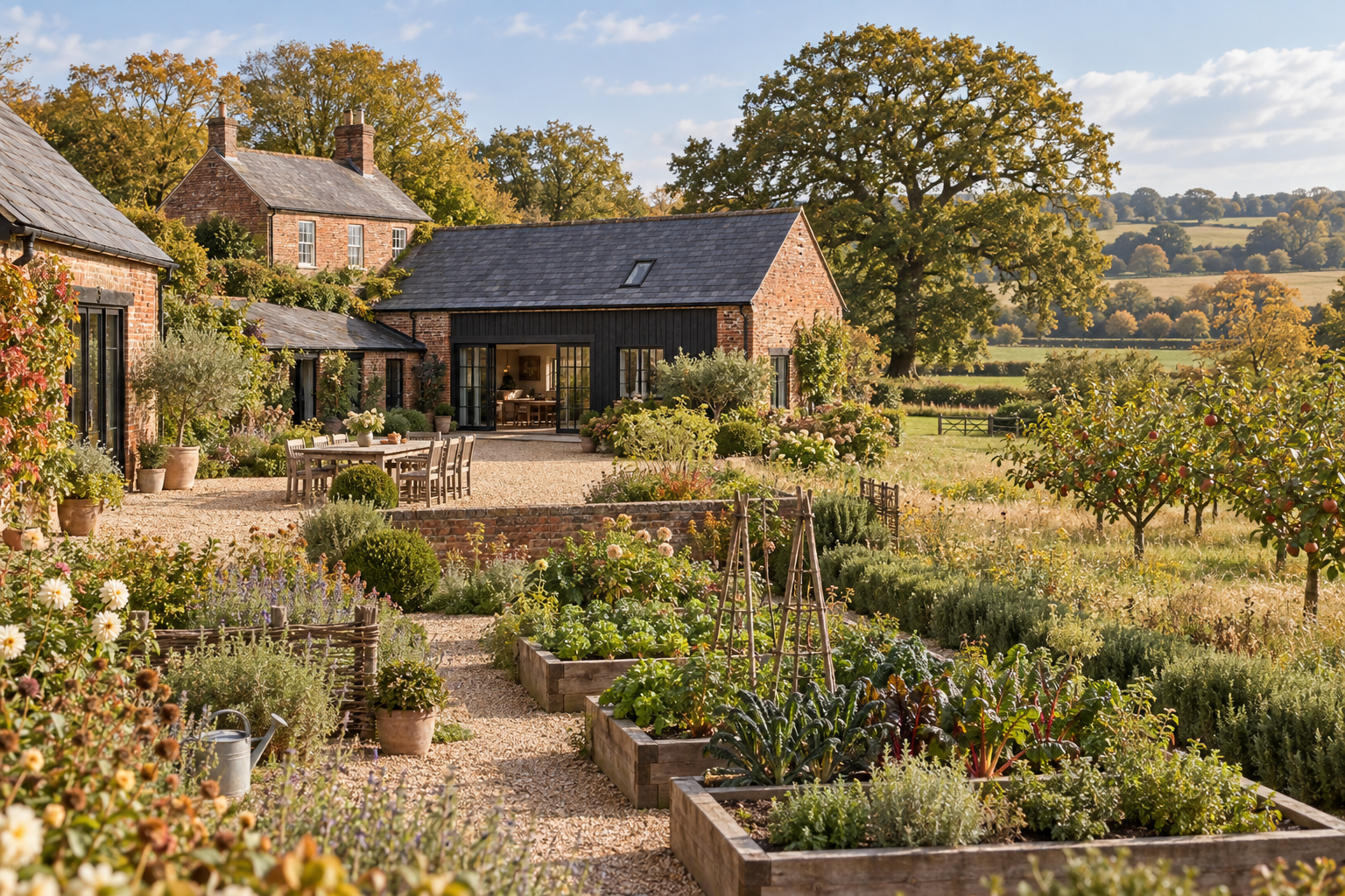 Illustrative concept of a calm farm garden, orchard and simple retreat spaces