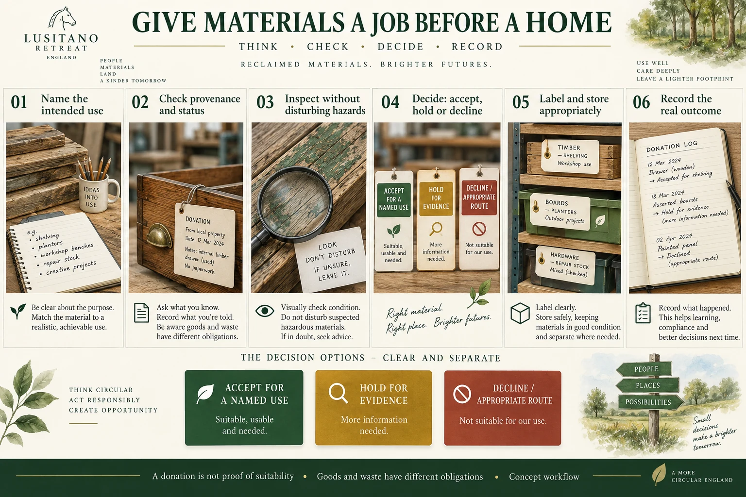 Six-stage concept workflow for material intake: intended use, provenance, inspection, decision, storage and recording.