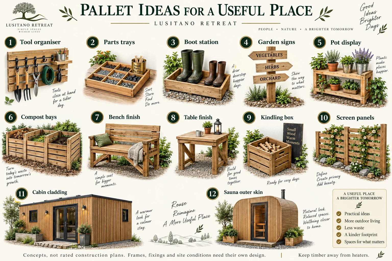 Twelve workshop, garden, furniture and external cladding applications for recovered pallet boards.