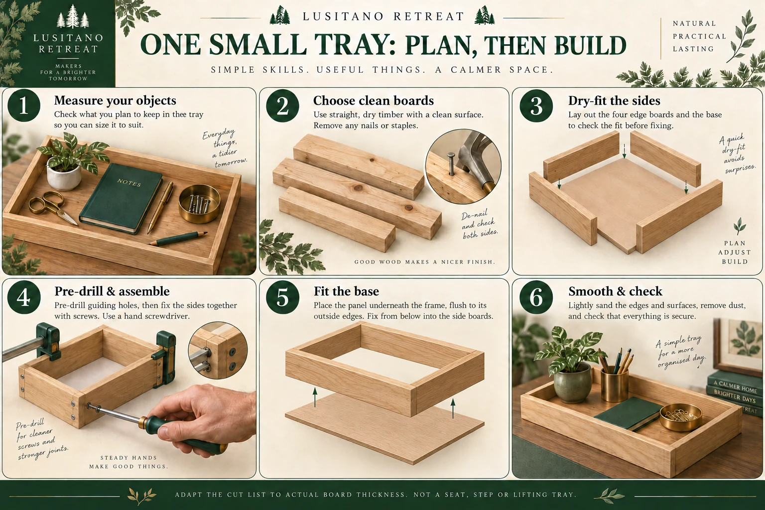 A small desktop organiser shown in six stages with a four-sided frame and separate panel base.