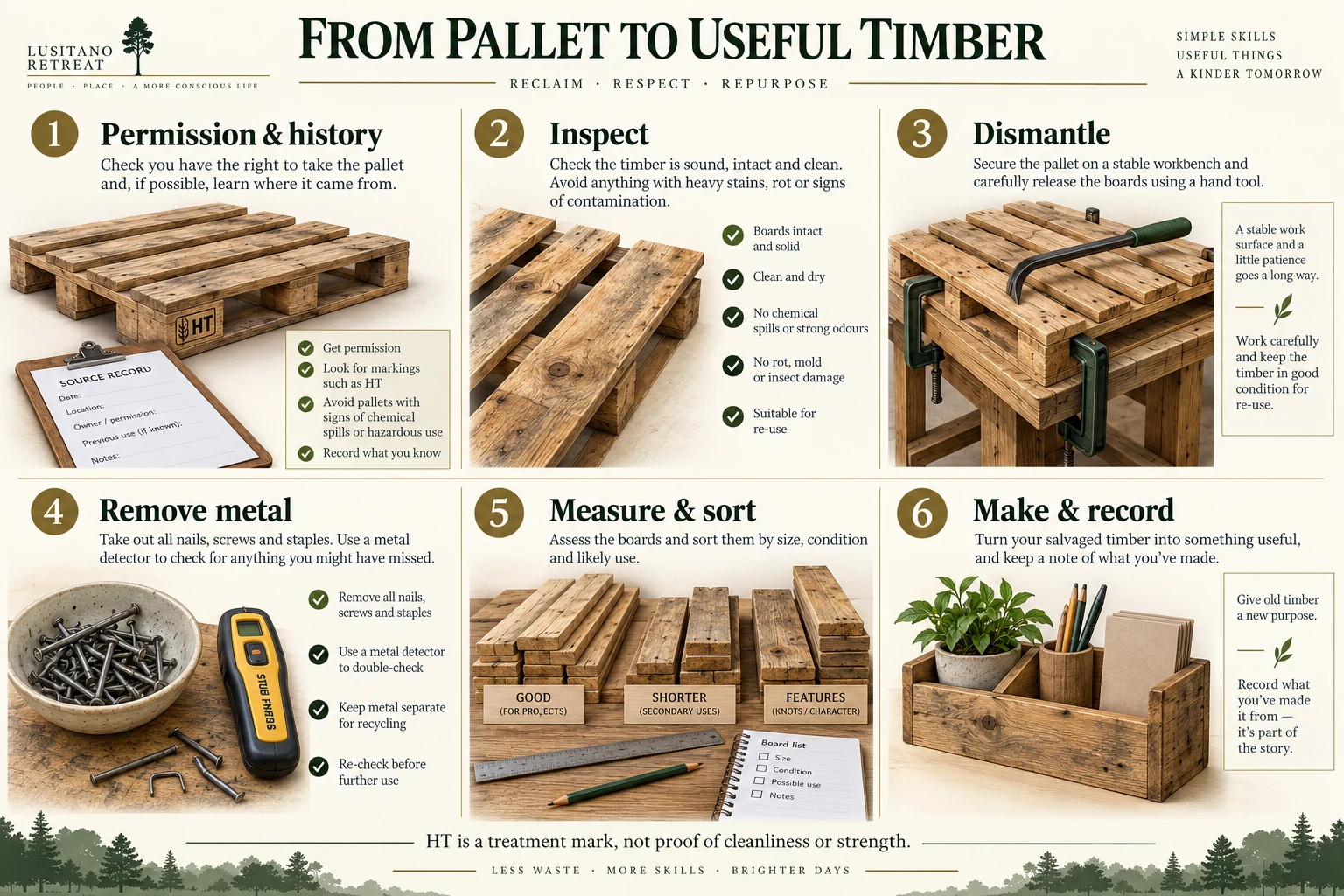 Six stages from permission and history through inspection, dismantling, metal removal, sorting and making.