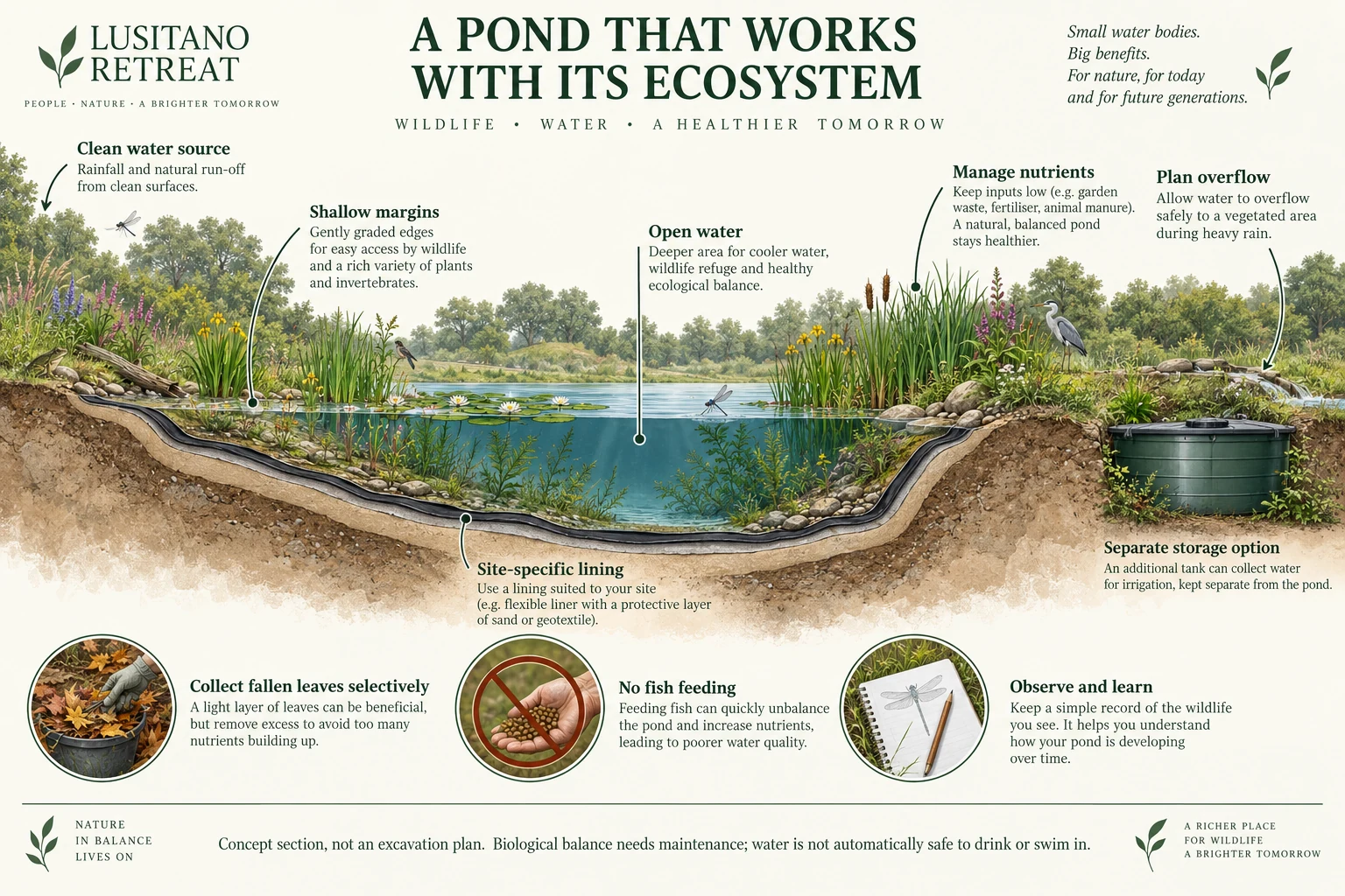 Concept section of a wildlife pond showing shallow margins, plants, open water, a lining option and separate storage.