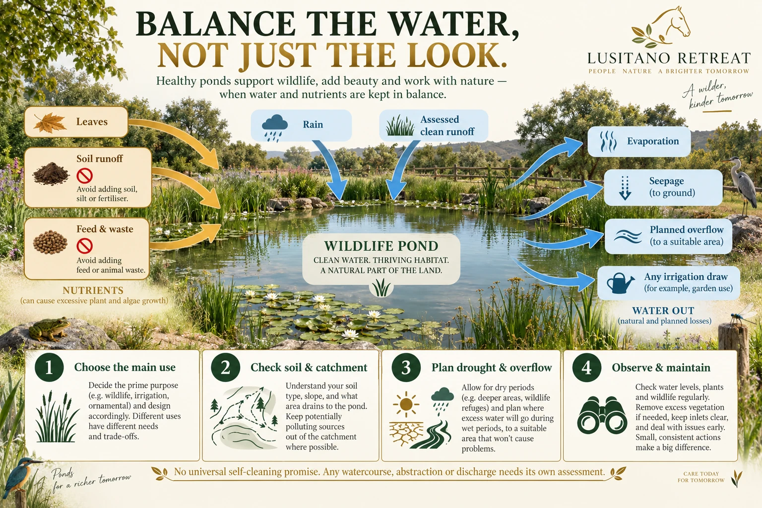 Concept water-balance diagram separating suitable rainfall inputs, evaporation, seasonal storage, irrigation and a reviewed overflow route.