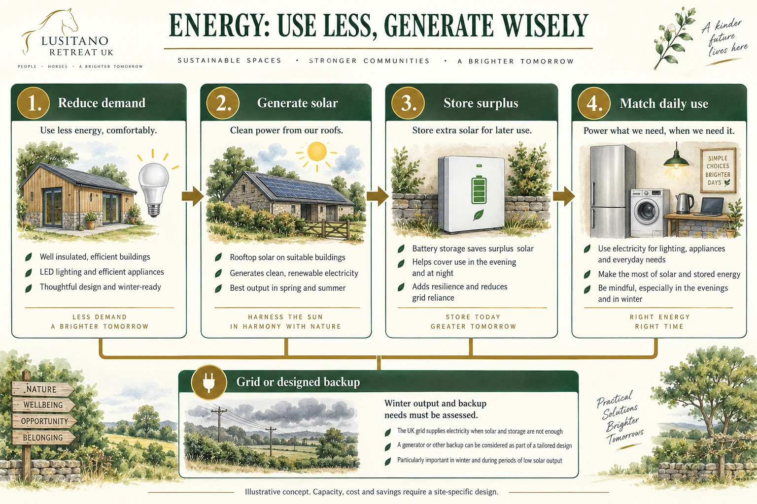 Energy strategy: reduce demand, generate solar electricity, store surplus, match daily use and assess grid or designed backup for winter.