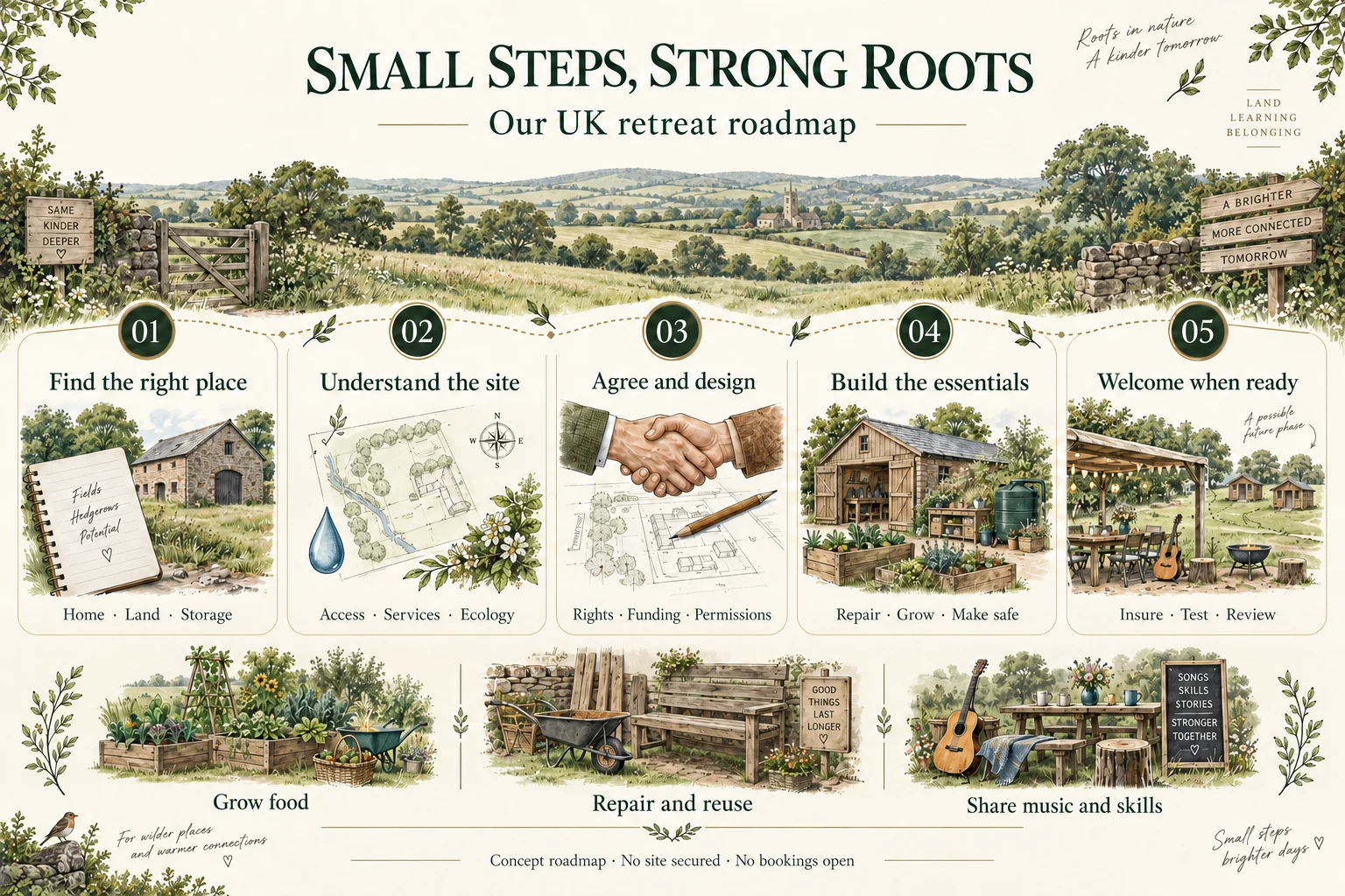 Five concept stages: find the right place with home, land and storage; understand access, services and ecology; agree rights, funding and permissions; build safe essentials; welcome guests only when ready.