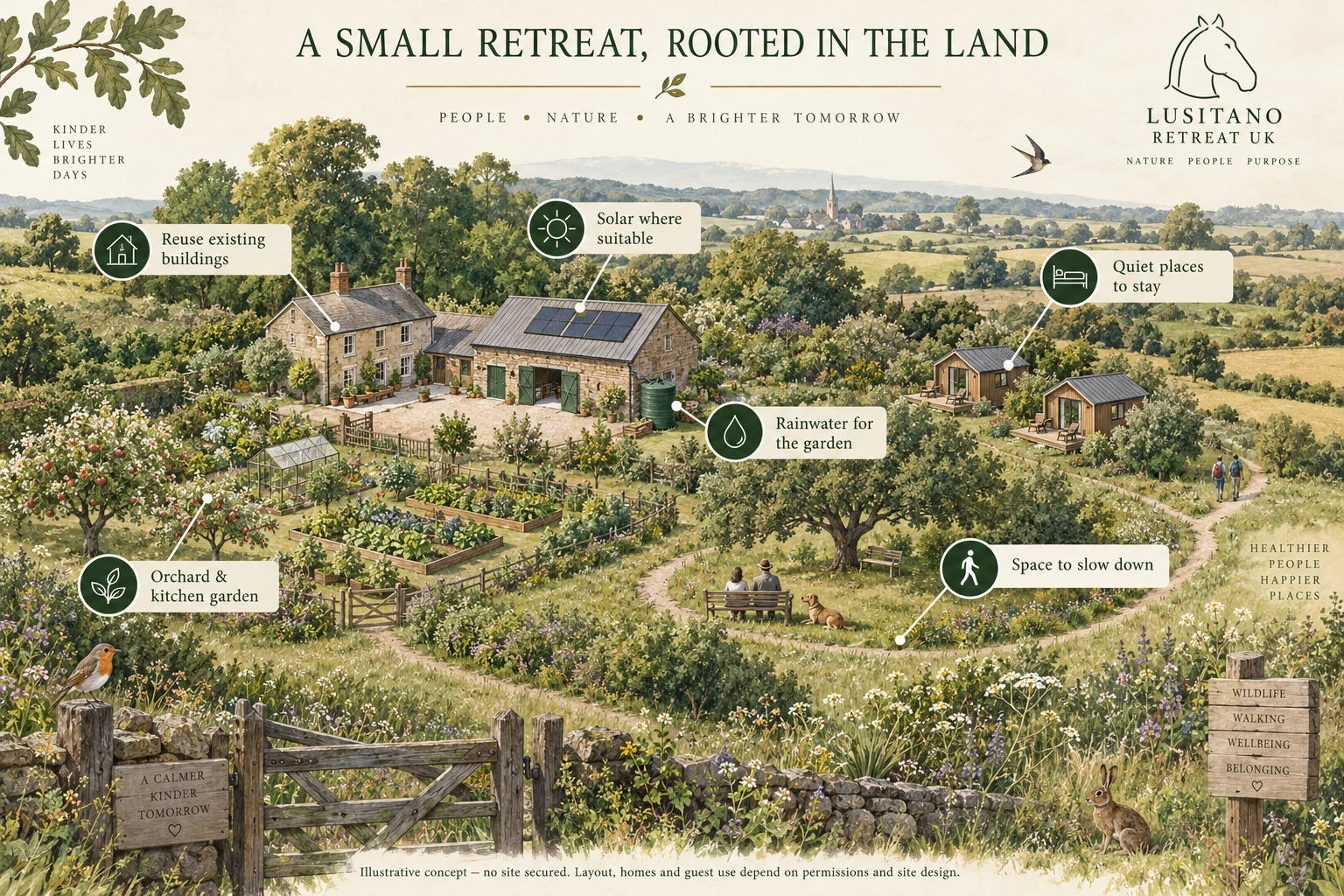 Illustrative rural retreat with reused buildings, timber cabins, orchard, vegetable beds, solar roof and rainwater tank.