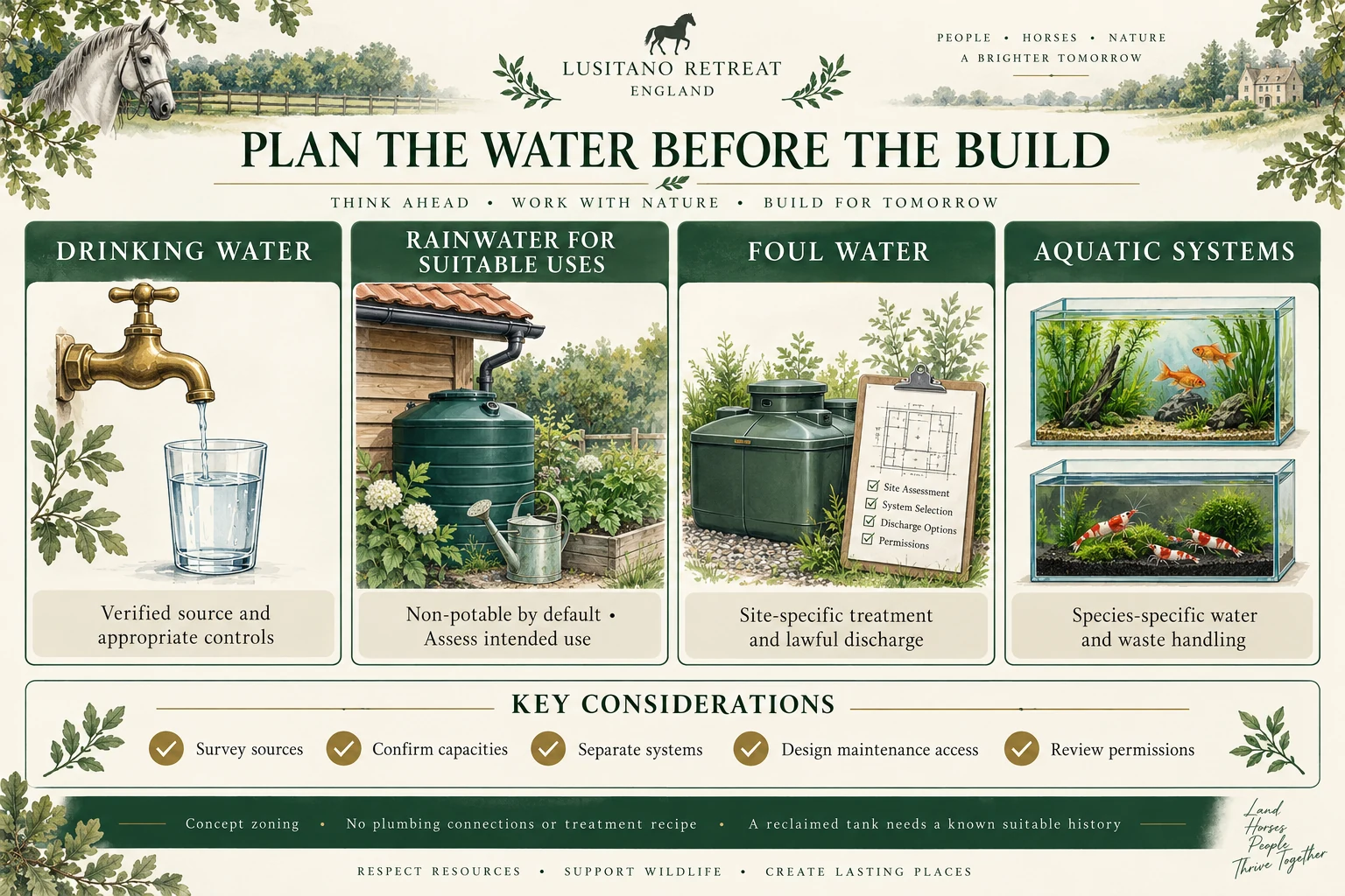 Conceptual service map separating drinking water, non-potable rainwater, foul sewage and aquatic process water, with separate assessment and maintenance questions.