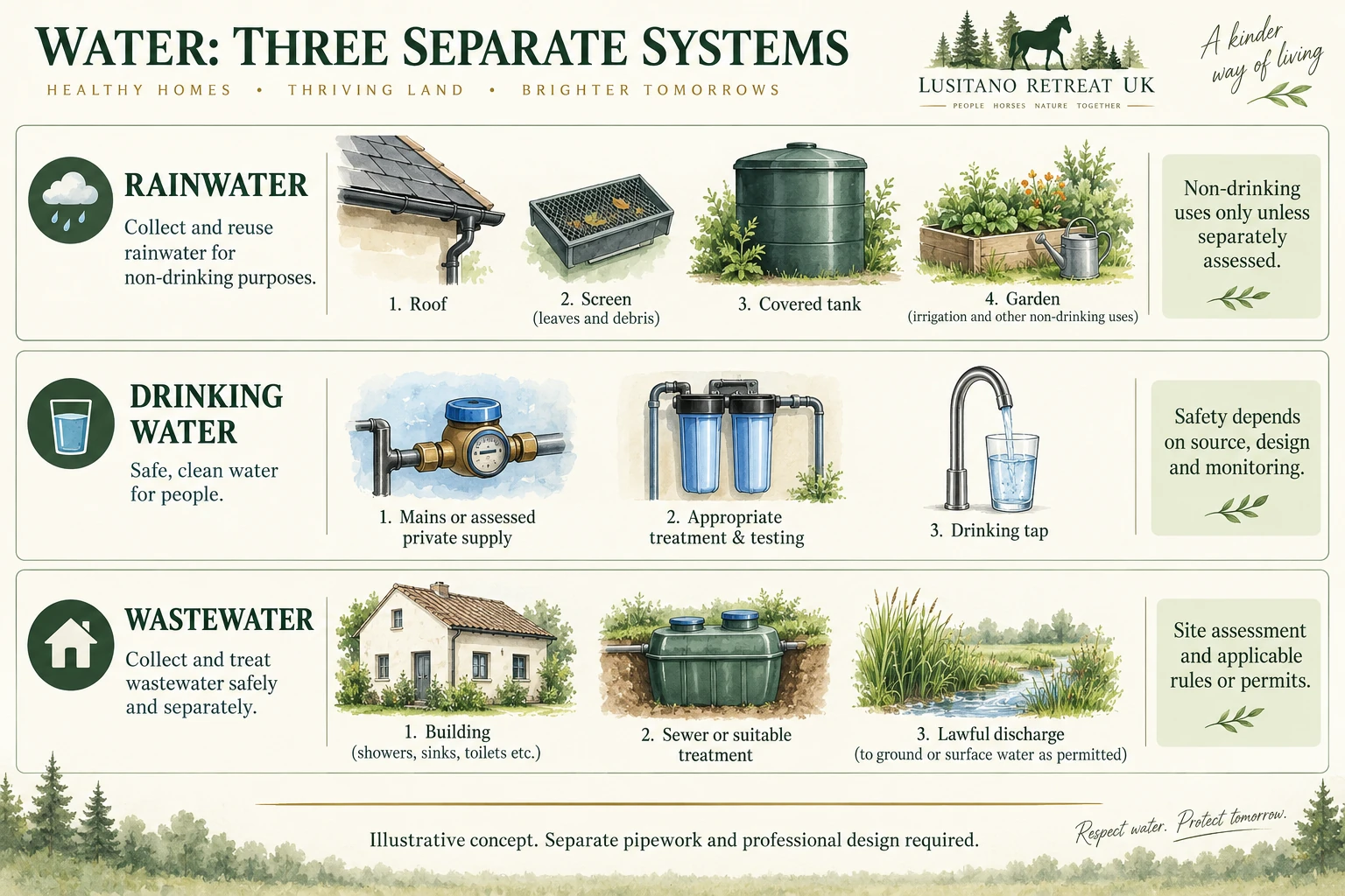 Three separate water systems: screened roof rainwater to a covered garden tank; mains or assessed private drinking supply with suitable treatment and testing; wastewater to sewer or suitable treatment and lawful discharge.