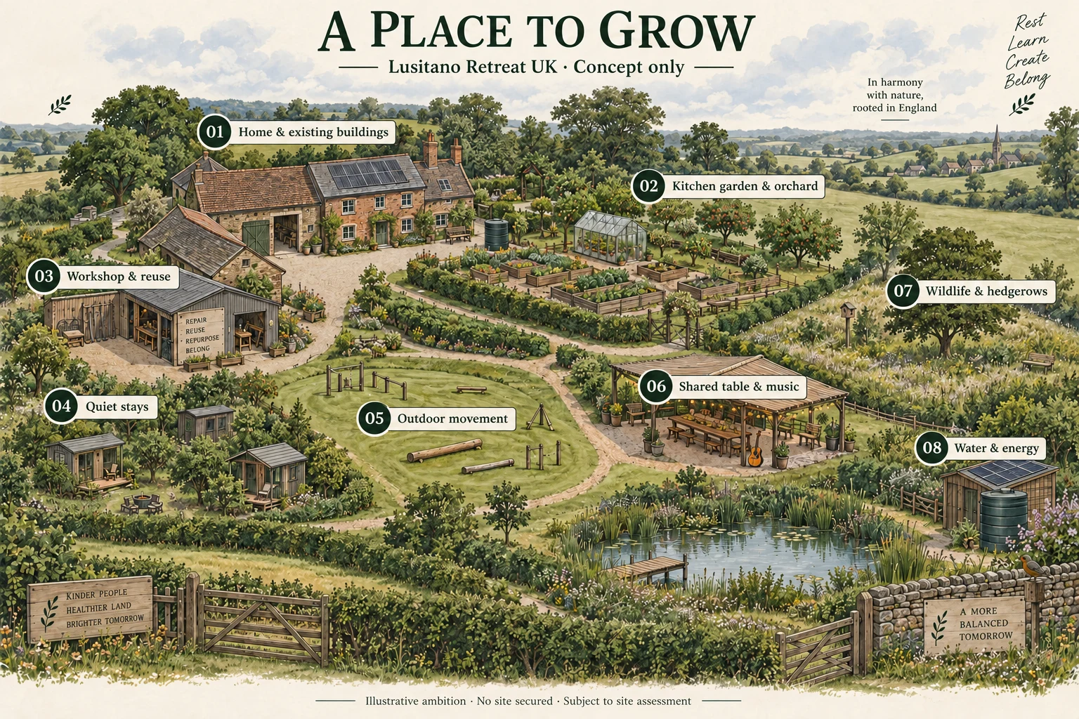 Concept map: home and existing buildings, kitchen garden and orchard, workshop and reuse, quiet stays, outdoor movement, shared table and music, wildlife and hedgerows, water and energy.