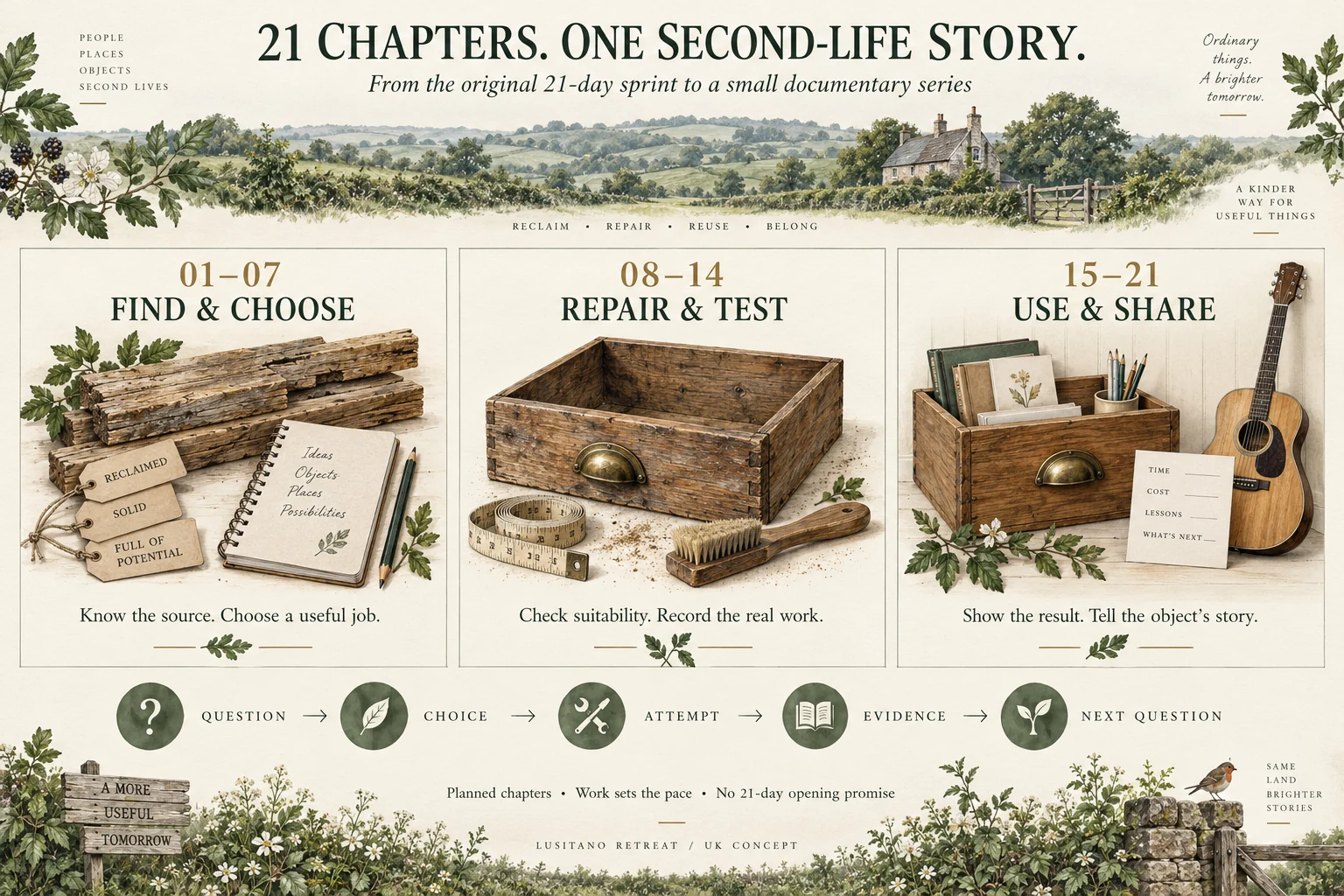 Concept roadmap of three documentary acts: read the place, make something useful, and learn to live with the place
