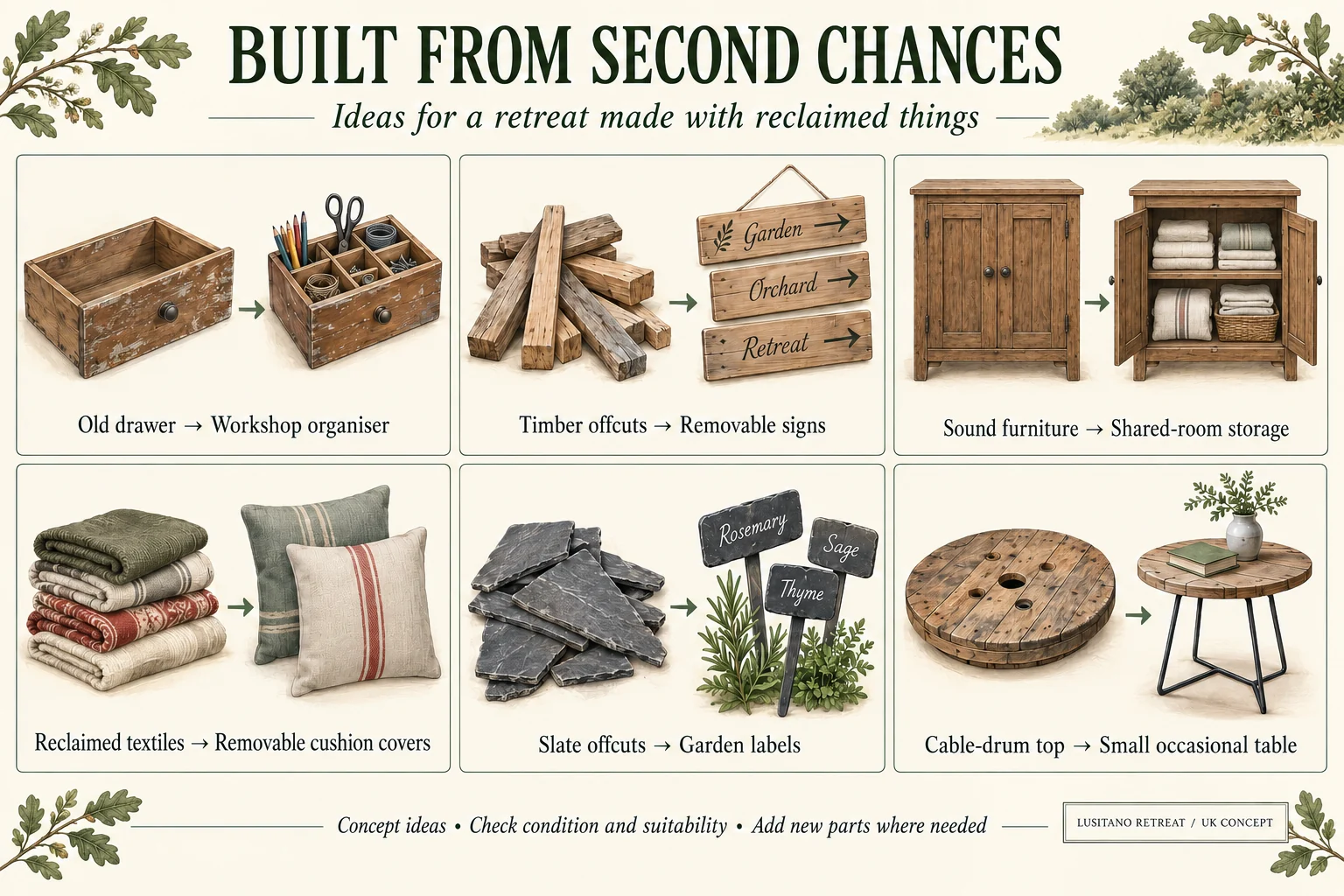 Concept infographic showing reclaimed objects considered for new uses around a British countryside project