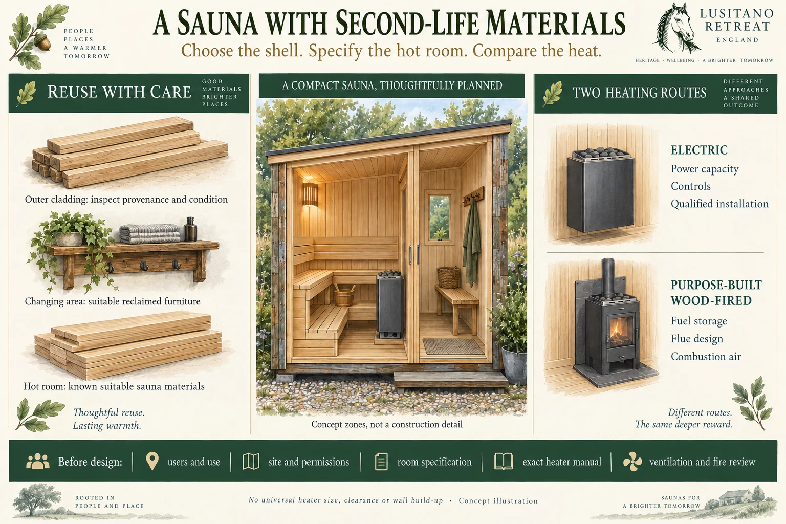 Concept infographic comparing a reclaimed outer sauna shell with a known suitable hot room, and electric versus purpose-built wood-fired heating options.